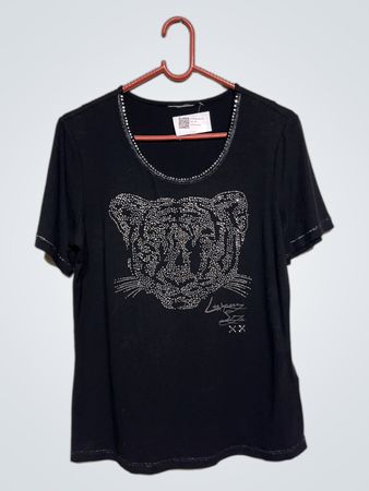 Schwarzes Luxus-Stil T-Shirt mit Strass-Tiger-Design