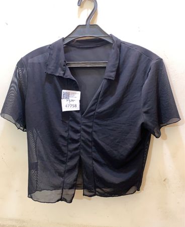 FaithVintage Schwarzes Transparent Raffung Kragen Kurzarmshirt