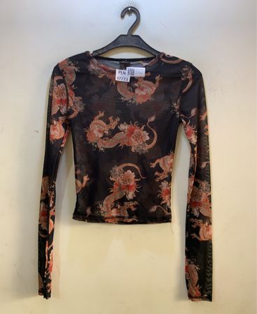 Dragon Print Mesh Langarmshirt