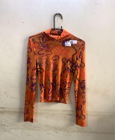 Faith Vintage Orange Floral Print Mock Neck Long Sleeve Top