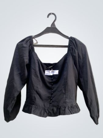 Schwarze Bluse mit quadratischem Ausschnitt, Puffärmeln und Knopfleiste im Peplum-Stil