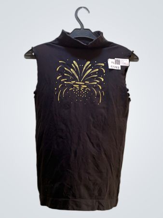 Schwarzes ärmelloses Top mit Stehkragen und goldenem Feuerwerksgrafik