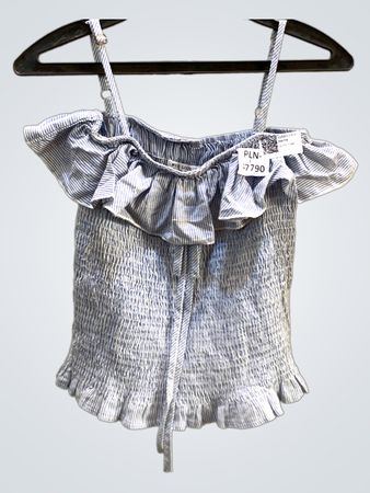 FaithVintage Blau Gestreifter Gerüschter Off-the-Shoulder Rüschenshirt