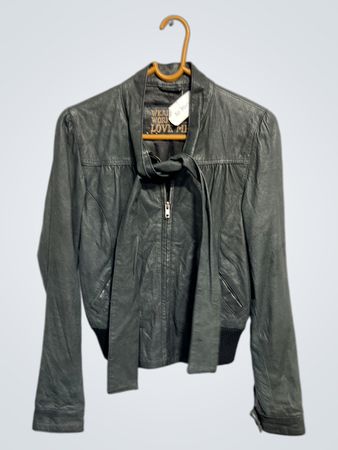 Grey Leather Jacket with Bow Tie Neck