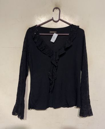 Schwarzes Rüschennetz Pailletten Langarmshirt