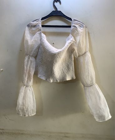 Weißes Puffärmel Smocked Crop Top