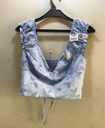 FaithVintage Blauer Schmetterlingsdruck Geraffter Crop-Top