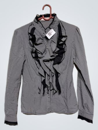 YINGHAO Schwarz-weißes Karomuster Rüschenshirt