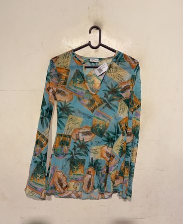 myOwn Damen Blaue Tropische Druck Langarm Mesh-Oberteil