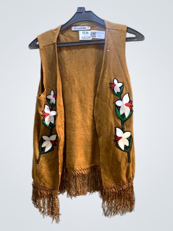 Bonabella S/M Braunes Wildlederfransenweste mit floraler Stickerei