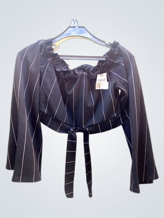 Black Striped Off-Shoulder Crop Top with Tie