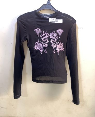 Bershka Schwarzes Netz-Drachen- und Rosenmuster Langarm-Top