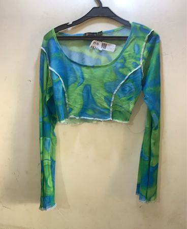 I Saw It First Grüne & Blaue Wirbel Netz Langarm Cropped Top