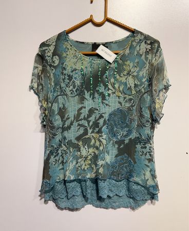 LINDON Damen Blaue Blumenmuster Durchsichtige Perlen Spitze Bluse