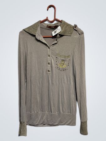 Grey long-sleeve polo shirt with gold accents