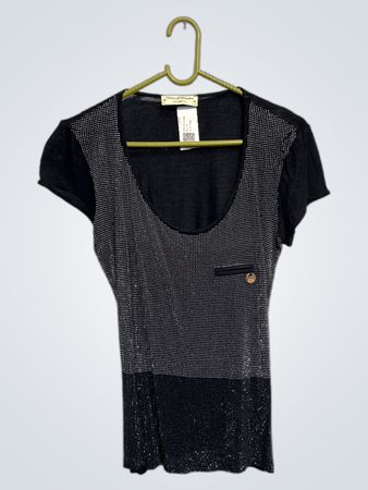 China & Pearls Schwarzes, verziertes Kurzarm-Top mit Tasche