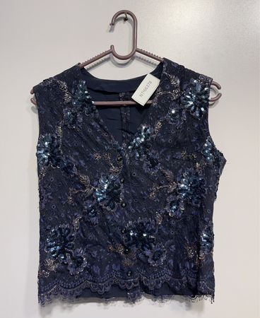 Navy Lace Sequin Floral Sleeveless Button-Up Top