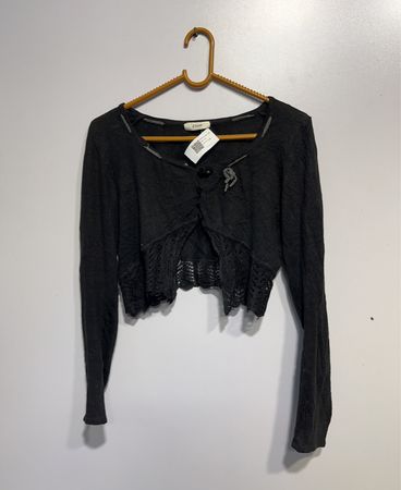 Elan Schwarzer Gekürzter Cardigan mit Spitzen-Detail