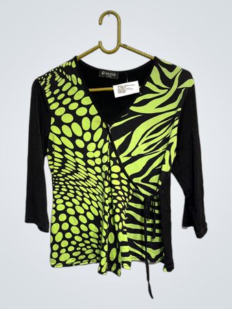 C. PRIME PARIS Schwarzes & Neongrünes Druck-Wickeltop