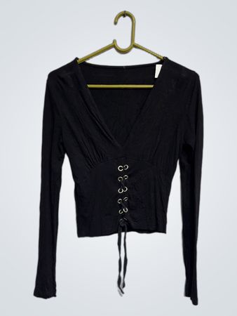 Black Long Sleeve Lace-Up Crop Top