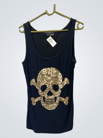 WEIFEN COLLECTION Schwarzes Tanktop mit goldenen Pailletten Skull und Knochen
