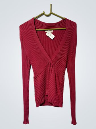 Rosa gerippter V-Ausschnitt Twist-Front Pullover