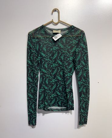Schwarzes und grünes Blumenmuster langärmliges Netzshirt