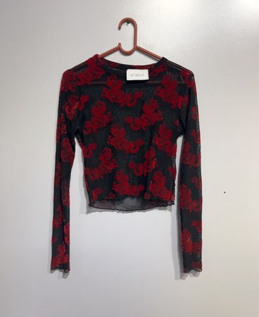 Schwarz und Rot Drachen Druck Mesh Langarmoberteil
