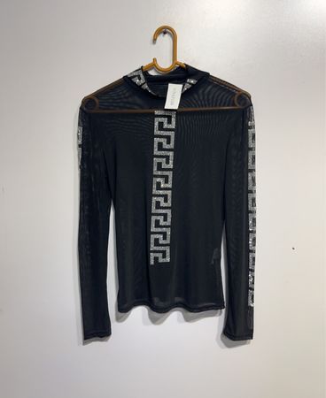 Schwarzes Mesh-Langarmoberteil mit Strass-geometrischem Muster
