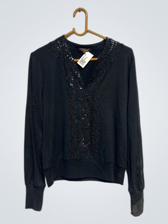 MARIBEL Schwarzes Perlen-Besetztes V-Ausschnitt Langarmshirt