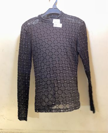 FaithVintage Schwarzes Netz Perlen Langarmshirt