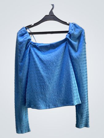 Blaues Quadrat-Ausschnitt Puffärmel-Top