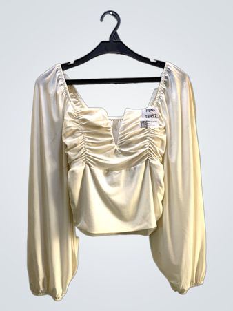 FaithVintage Creme Raffung Quadrat-Ausschnitt Langarm-Top