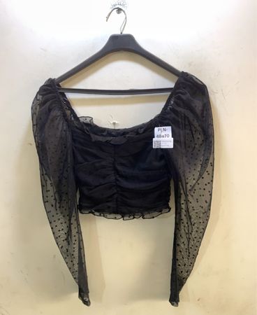 Schwarzes gerafftes Mesh-Punkt Langarm-Top