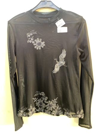 FaithVintage Schwarzes Mesh-Kranich besticktes Langarmoberteil