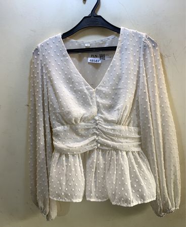 Weiße Schweizer Pünktchen Raffung V-Ausschnitt Peplum Bluse