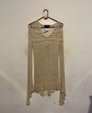 EXPRESS Damen Beiger Häkelt-Strick Langarm V-Ausschnitt Pullover