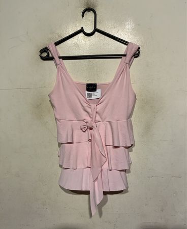 Rosa schichtige Rüsche Bindefront-Trägershirt