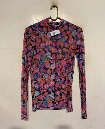 MOVES Floral Print Mesh Mock Neck Long Sleeve Top
