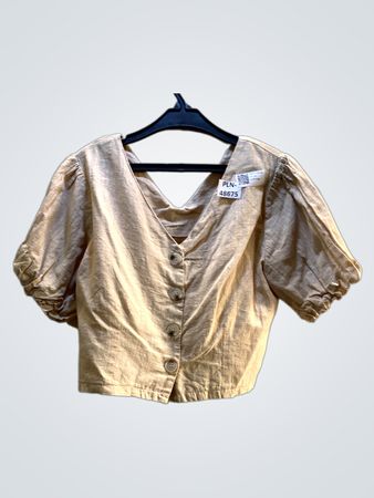 FaithVintage Beigefarbener Leinenmix Puffärmel Raffung Crop-Top