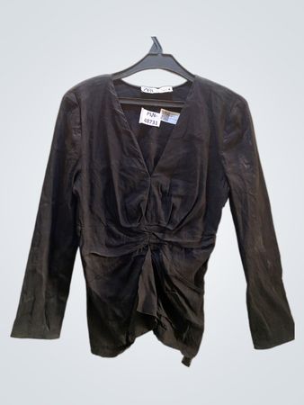 ZARA Schwarzes Raffung V-Ausschnitt Langarmtop