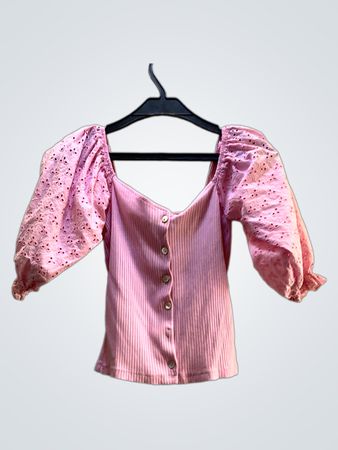 MNG Pink Puff Sleeve Eyelet Top
