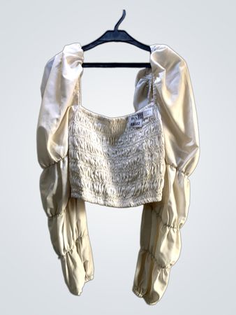 Creme Smocked Quadrat-Ausschnitt Puffärmeltop
