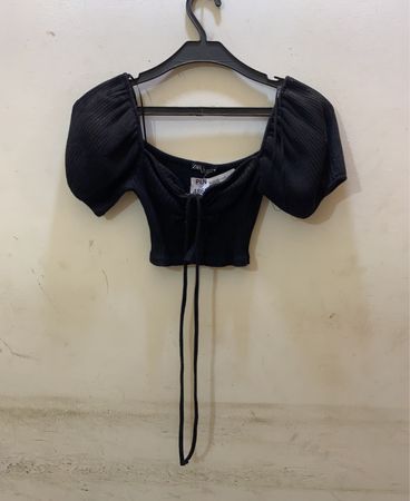 Zara Black Ribbed Puff Sleeve Crop Top