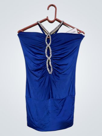 Blaues trägerloses Rüschkleid mit Strassdetails
