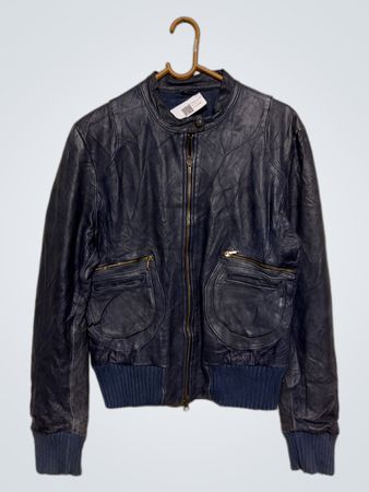 Dark Blue Leather Bomber Jacket