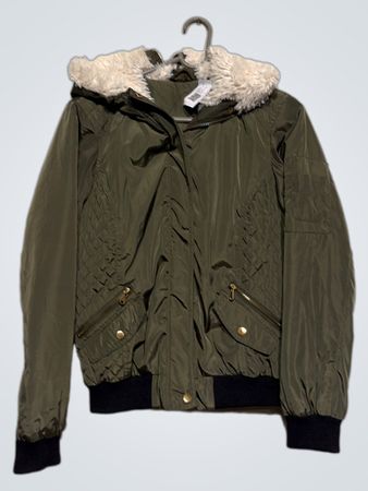 Green Hooded Bomber Jacket with Fur Trim