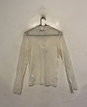 COSTES ATELIER Damen Transparente Pünktchen Rüschenausschnitt Langarmtop