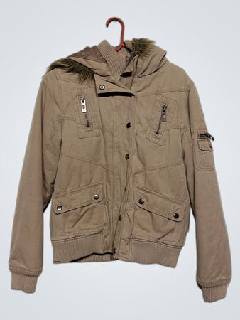 Tan Hooded Jacket with Fur Trim