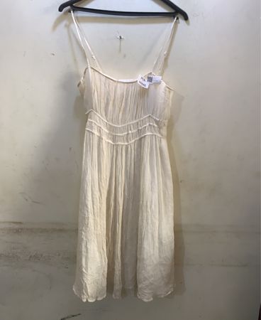 FaithVintage Cream Smocked Spaghetti Strap Midi Dress